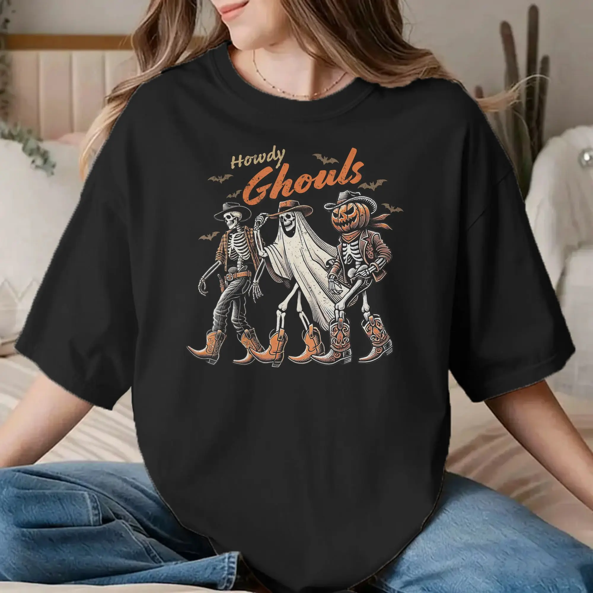 Retro Howdy Ghouls Skeleton T-Shirt Men Women Round Collar 100% Cotton T Shirt Cowboy Western Rodeo Halloween Tees Plus Size Top