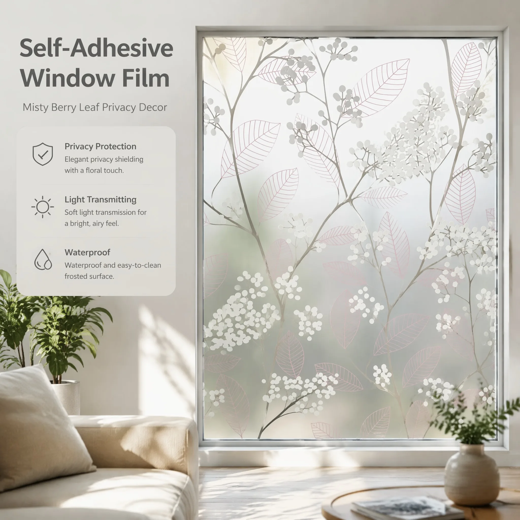 Self-Adhesive Misty Berry Leaf Frosted Window Film 24H Full Privacy UV Block Waterproof Anti-Scratch Removable No Residue Floral