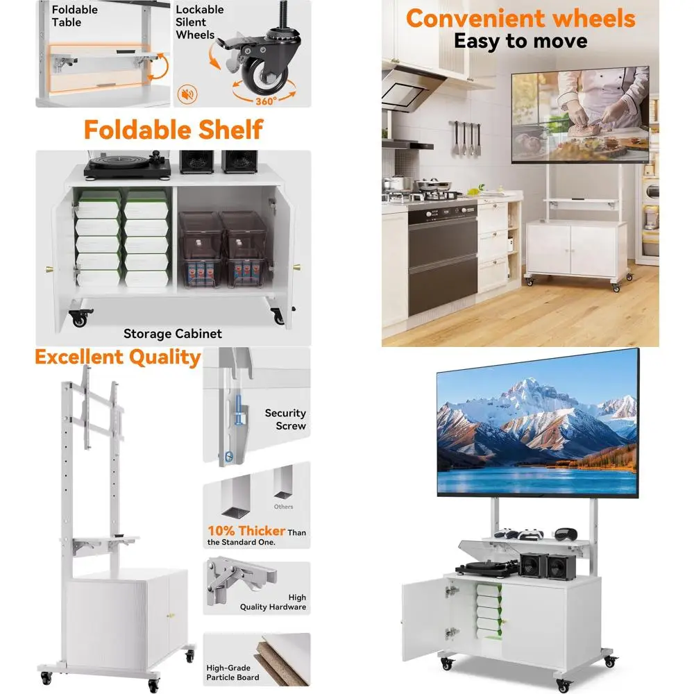 Adjustable Height Rolling TV Stand for 32-75in TVs with Storage and Folding Table