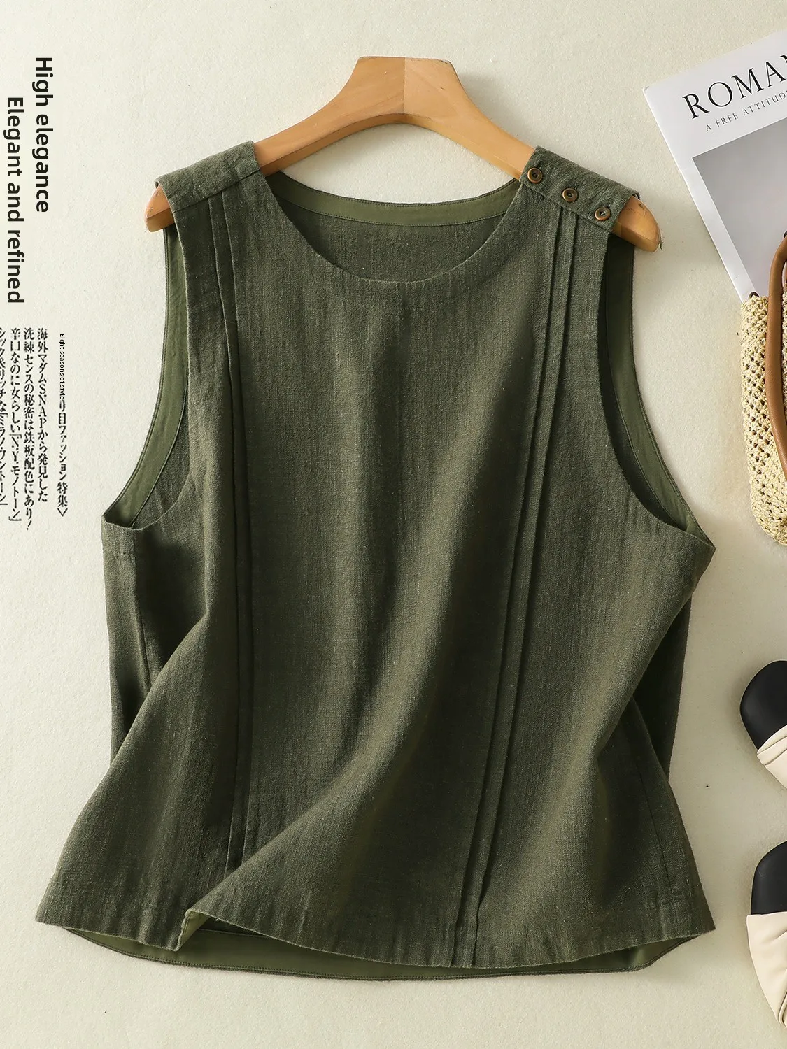 

Элегантный хлопково-льняной жилет для женщин: повседневный топ без рукавов с круглым вырезом и подплечниками, модный дизайн для многослойных образов