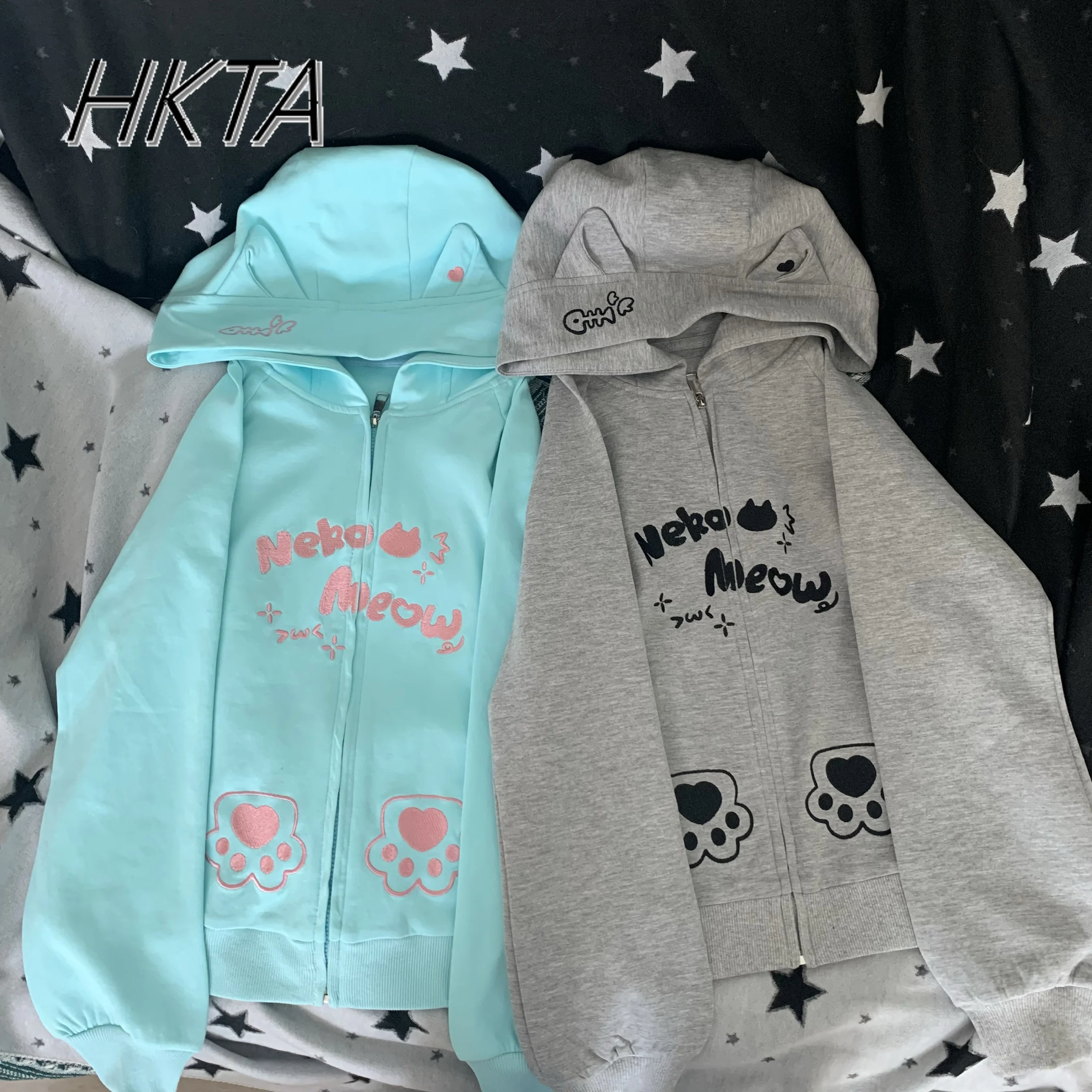 

Japanese Kawaii Slim Fit Long Sleeved Hooded Sweatshirt Coat Cute Ears Cat Paw Embroidery Spring Women Hoodies Coated Clothing