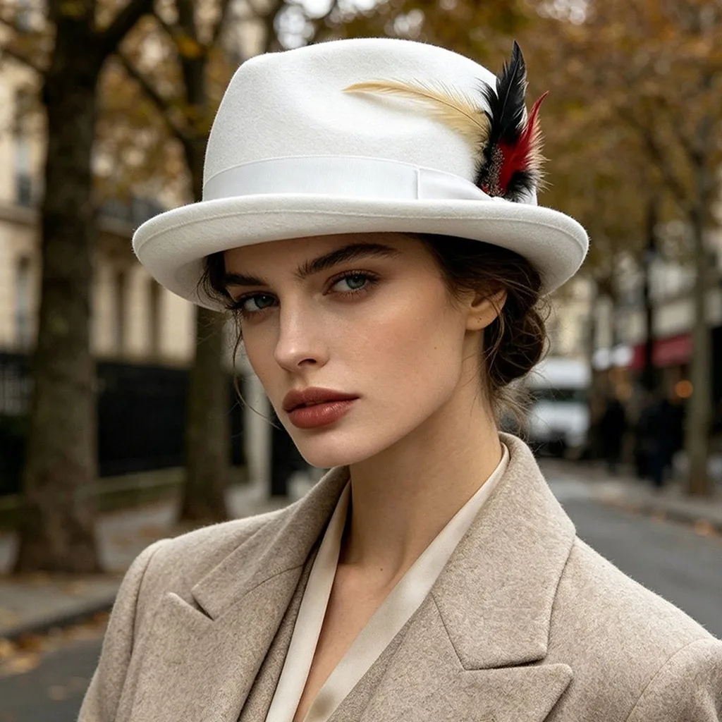 Retro Hat British Women'S Wool Hat Feather Decor Hat Short Brim For Daily Outings Banquets Travel