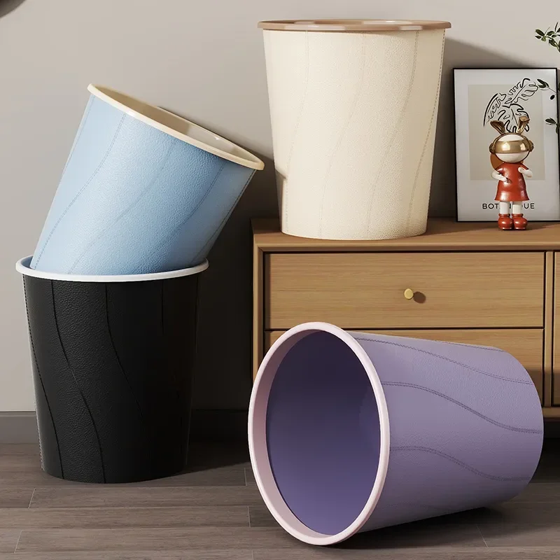 for Large Capacity Household Trash Can with Pressure Ring Imitation Leather Pattern Plastic Waste Basket for Bathroom Living