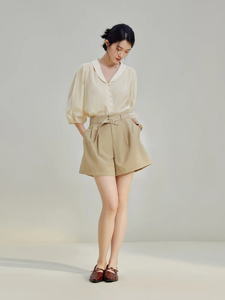 ZIQIAO High Waist Commuter Style Khaki Shorts for Women Summer New Loose Wide-leg Casual Sense Solid Color Pants Female