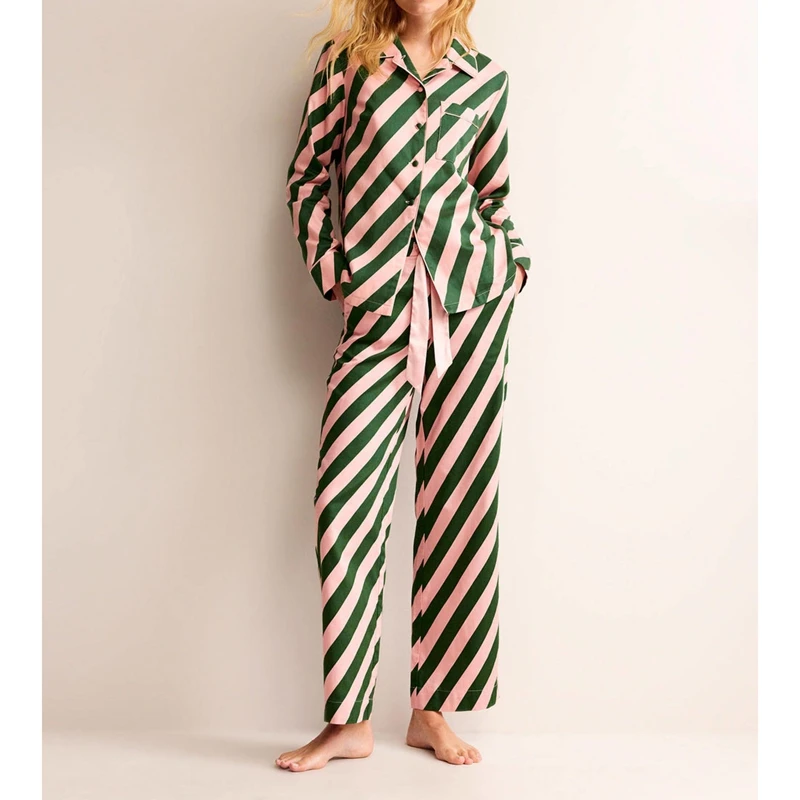 

HEZIOWYUN Women's Satin Silk Loungewear Set Stripe Print Long Sleeve Lapel Shirt Tops with Elastic Waist Pants Silky Sleepwear