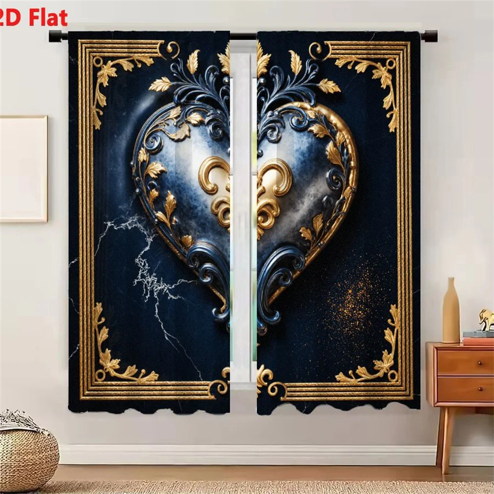 2Pcs Curtains 2D Flat Ornate Decorative Heart Shaped Design Blue With Gold Accents Swirling Patterns Leafy Motifs Fleur De Lis E