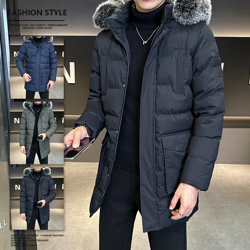 معطف طويل مبطن بالقطن عالي الجودة 2028 دافئ وبسيط بلون سادة ومظهر رقيق وعالي الجودة من القماش مريح للرجال