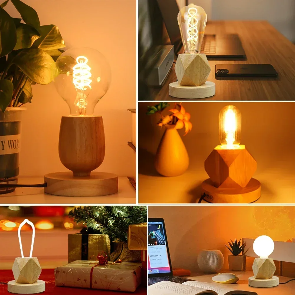 Vintage Wood Table Lamp E27 Socket 220V 110V EU Plug Night Lights Desk Lamp for Bedroom Living Room Decoration Retro Lampholder