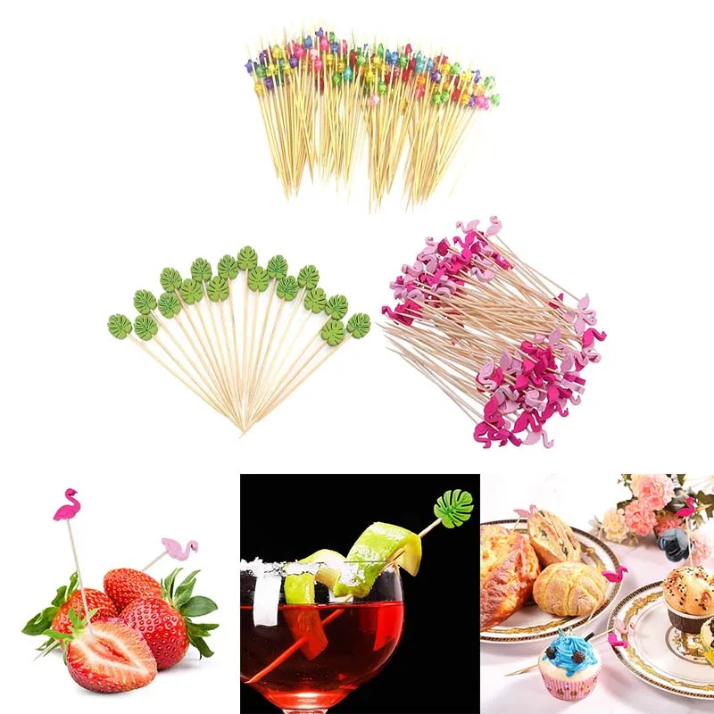 100 Uds. Brocheta de fruta de bambú desechable, tenedor para ensalada de frutas, pastel, hamburguesa, decoración de cóctel, palo de Buffet, utensilio para fiesta de boda