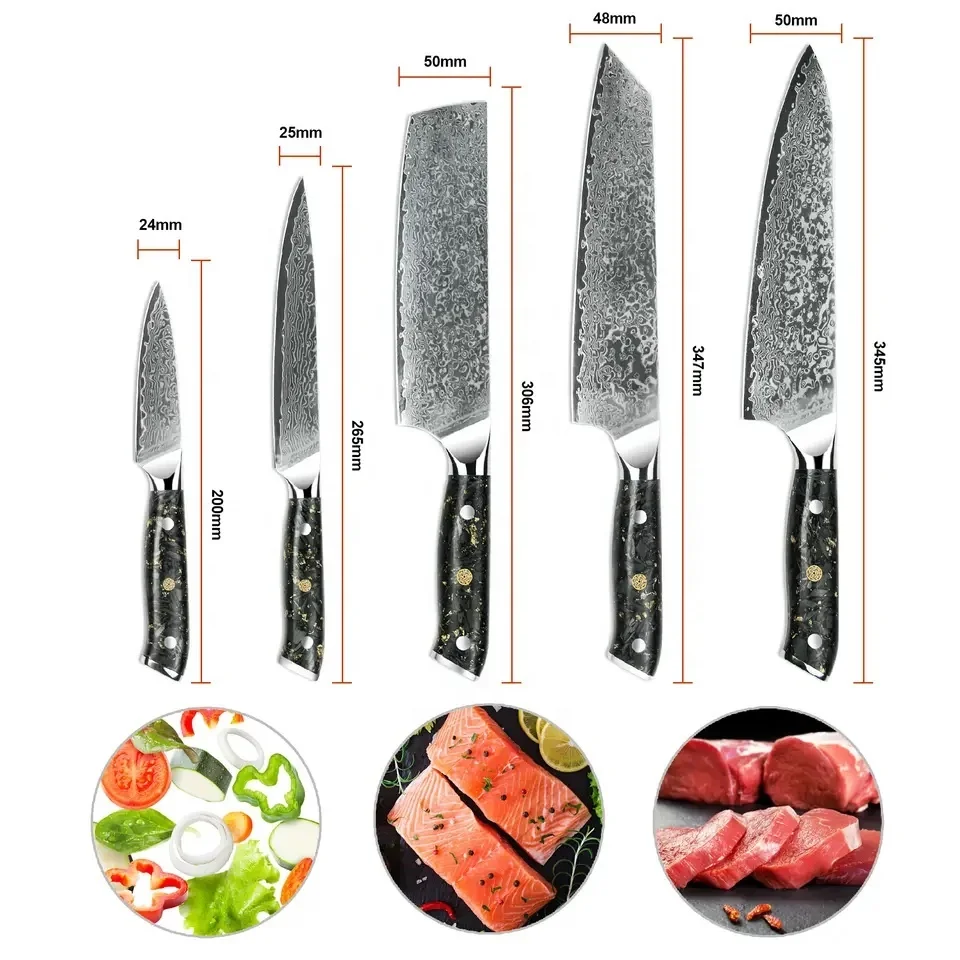 Wholesale Manufacturers  High Quality 5pcs Damascus Steel Chef Knife Set With Carbon Fiber Handle