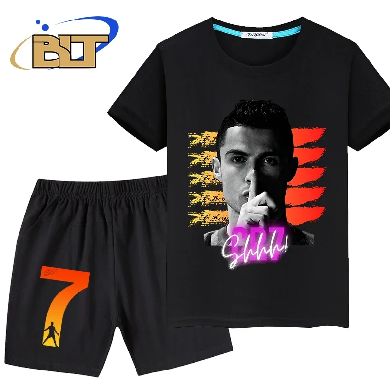 Ronaldo head print summer children's clothing kids T-shirt set pure cotton short-sleeved shorts 2-piece set boys and girls gifts