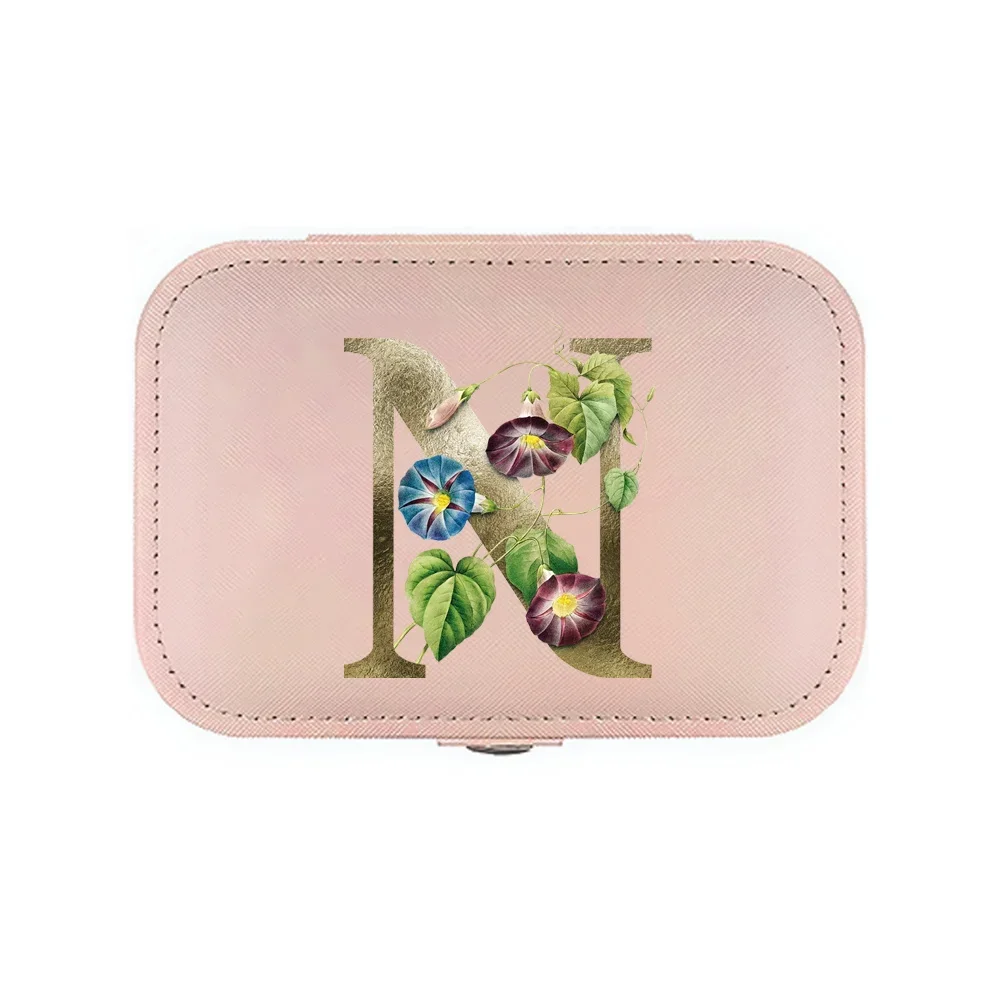 Earrings Storage Bag Jewelry Box Desktop Drawer Necklace Ring Holder PU Leather Jewel Organizer 2023 Golden Flowers and Letters