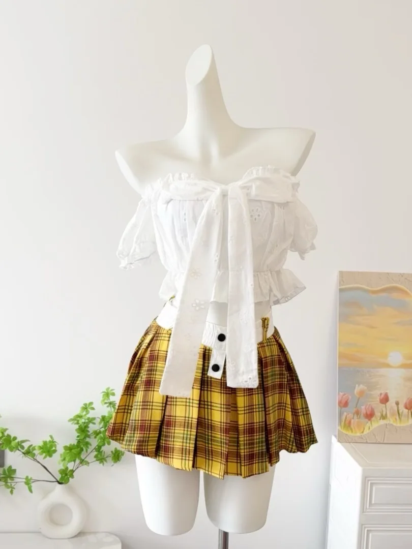 

Корейская плиссированная юбка в клетку для девочек, топ и брюки с узлом на одно плечо, весенний модный женский комплект Ense...