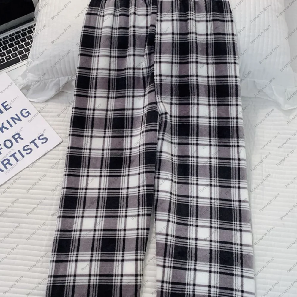 

Женская фланелевая пижама, клетчатые брюки на осень и зиму, теплые свободные домашние брюки с прямыми штанинами, теплые брюки, расслабляющий новый стиль
