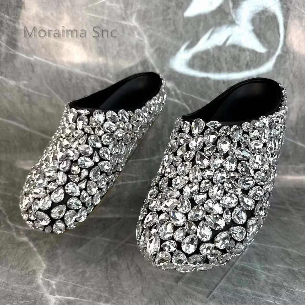 Full Crystal Rhinestone Half Slippers for Women Summer Round Toe Flat Shoes Catwalk Show Wedding Genuine Leather Women Shoes