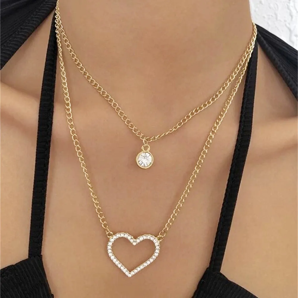 Fashion Punk Chain Crystal Hollow Heart Pendant Necklace For Women Female Girl Vintage Boho Gold-plate Multilayer Gift Jewelry