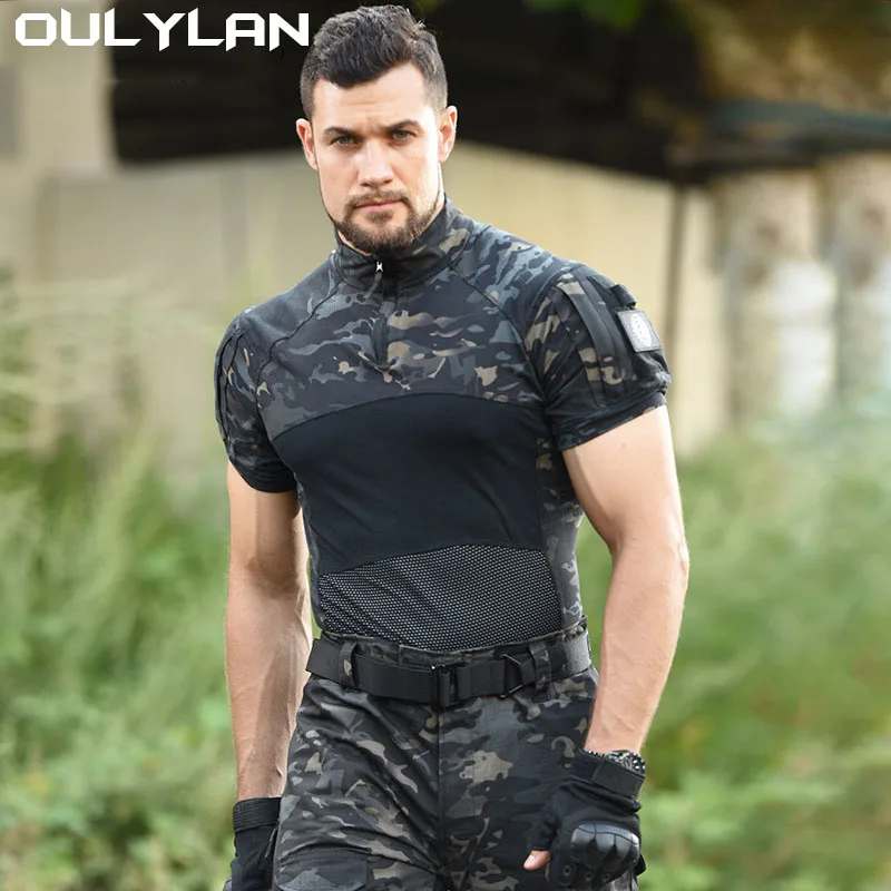 Oulylan Hiking CP Camoufalge Airsoft T Shirts Climbing Tee Men's Short Sleeve Softair Tactical Shirt for Men Combat Shirt