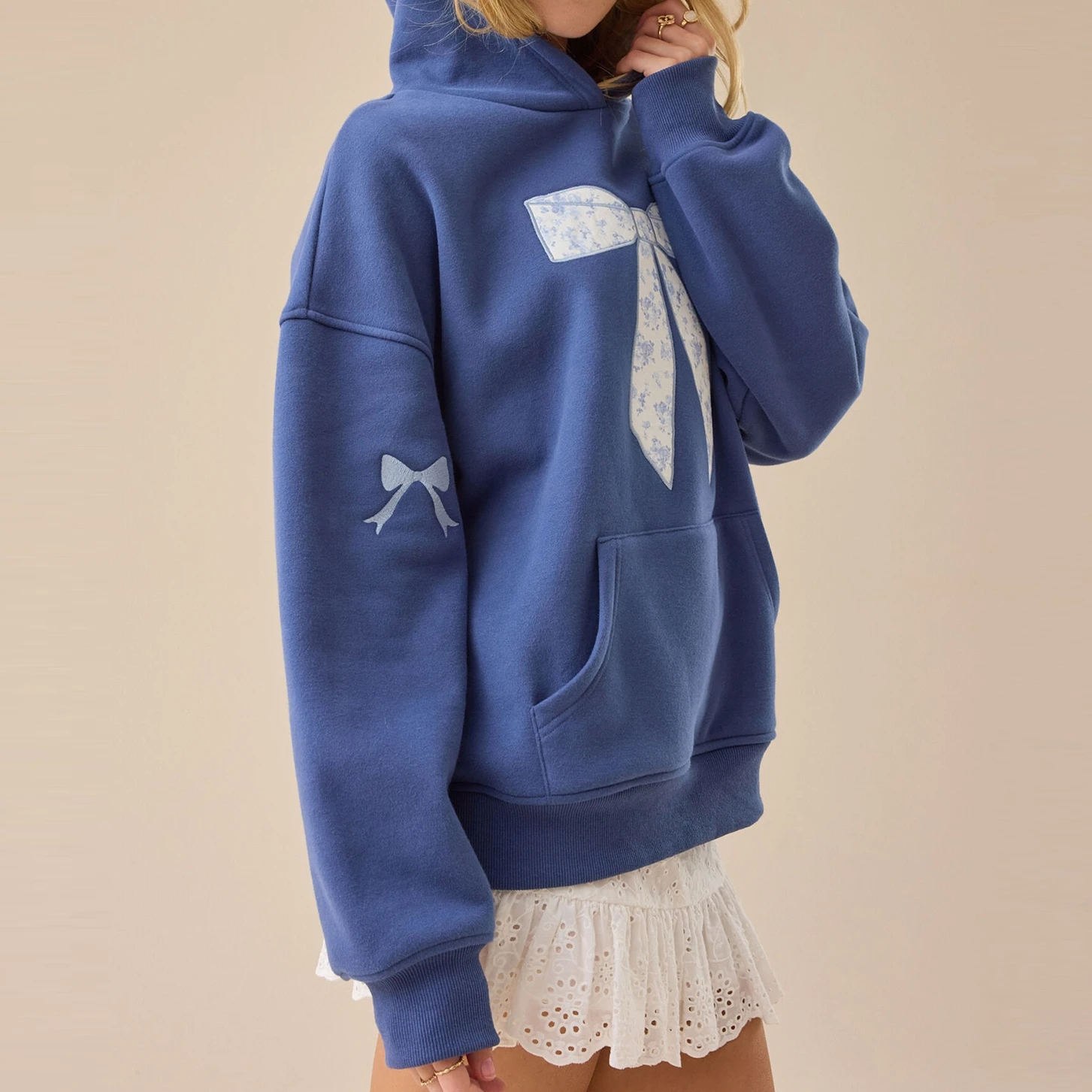 Hochwertiges Damen-Sweatshirt mit Kapuze, Frühling und Herbst, langärmelig, Schleife, Stickerei, Kapuzenpullover