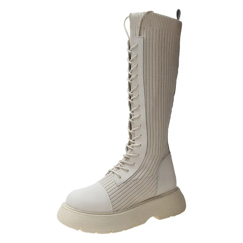 Autumn Winter Boots for Women Knee High  Boot Lace Up Style New Thick Soled Sponge Cake Knight  Boots  Women Shoes Beige