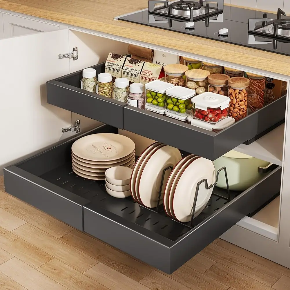 

1 Pa Pull Out Cabinet Organizer 21"" Deep With Raising Pad For Framed Cabinets, Expandable Slide Out Drawers For Kitchen