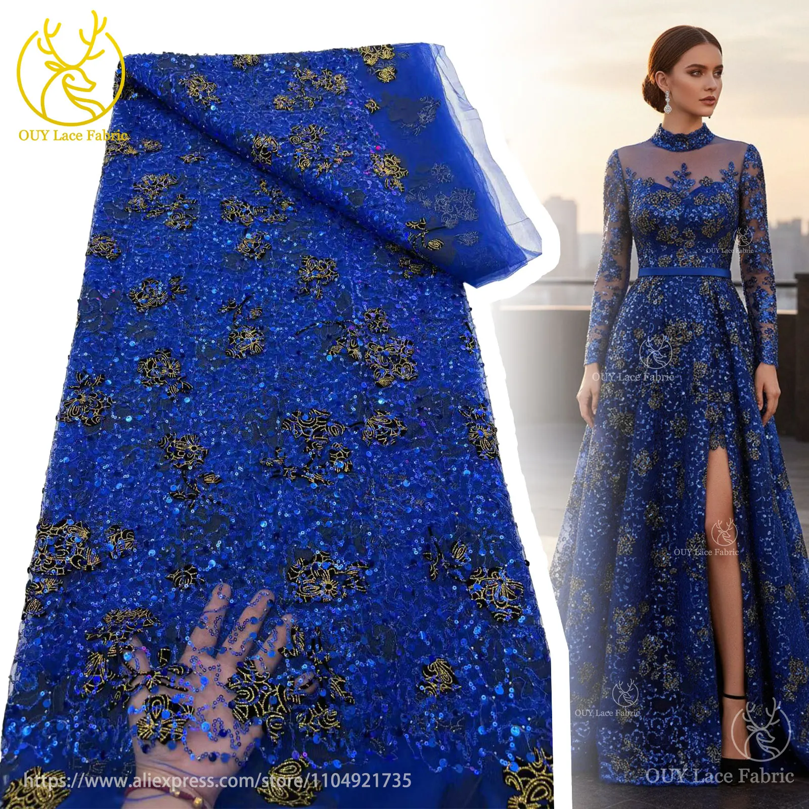 Afrikanischer Pailletten-Spitzenstoff, 2025, hochwertige Bräutigam-Stickerei, französischer nigerianischer orangefarbener Tüll-Spitze, Material für Hochzeit, Party, Kleid – Detail 3