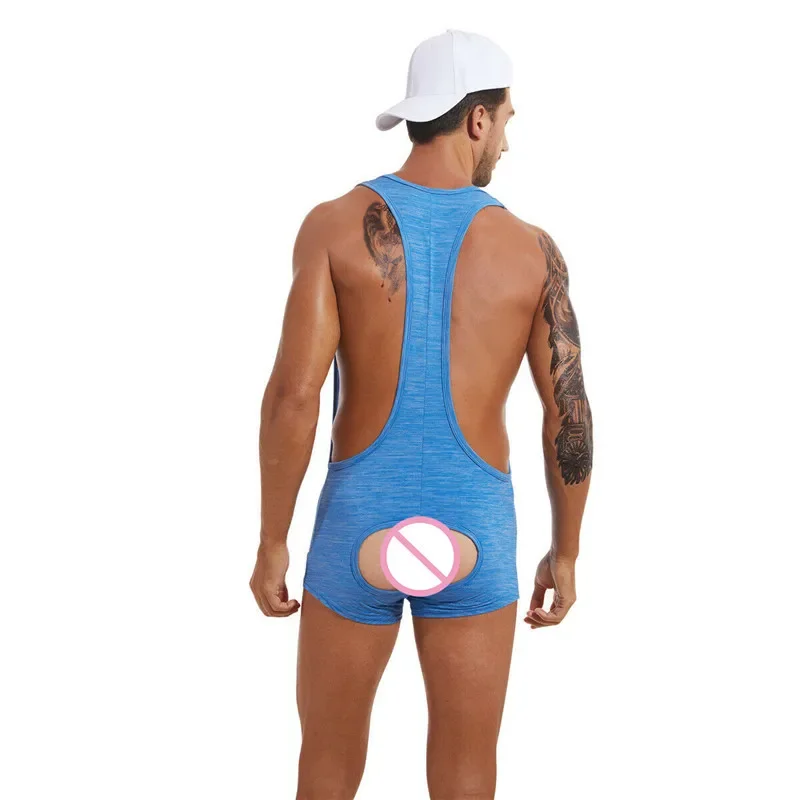 Sexy Men Bodysuit Wrestling Singlet One-Piece Leotard Undershirts Sleeveless Men Tank Tops Boxers Shorts Open Butt Gay Jumpsuits