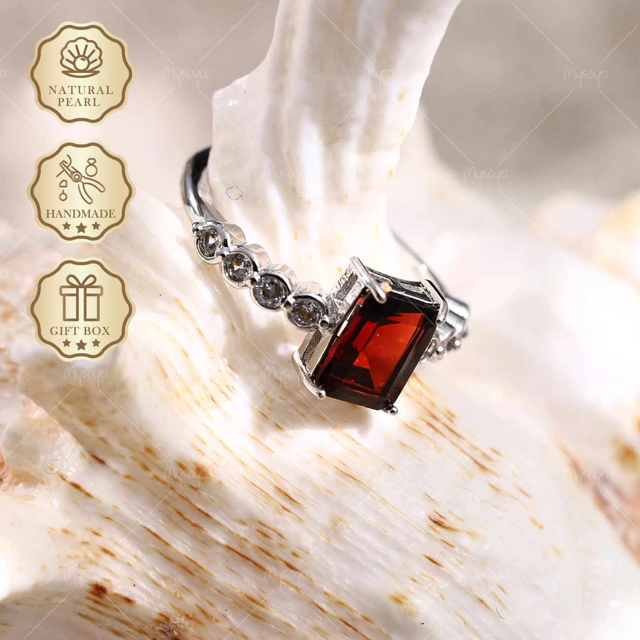 MYSOYA Silver-Plated Simple Ring with Natural Garnet, 6×8mm Garnet 1.93ct, Gift Box Included, January Birthstone SC29