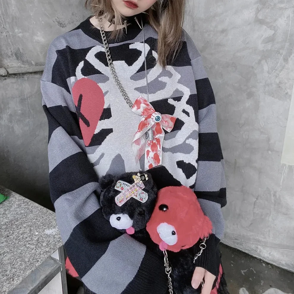 2024 Autumn/Winter New Sweater Gothic Bone Love Laugh Striped Top Warm Sweater y2k Fashion Niche Dressing Sweater