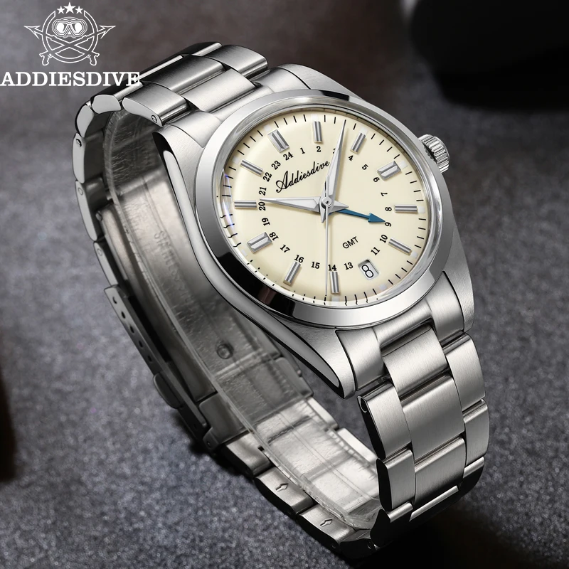 ADDIESDIVE 36mm Uhr für Männer 316L Edelstahl BGW9 Super leuchtende 100m wasserdichte Kalenderanzeige GMT Quarz-Armbanduhr