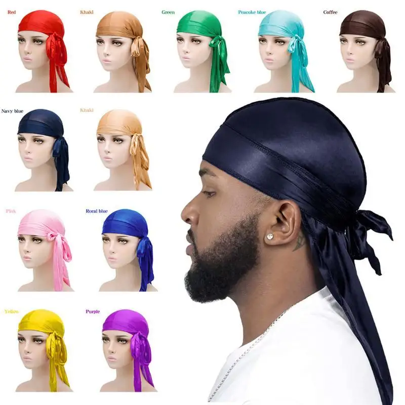 Unisex Silky Long Tail Durag Turban Hat Durable Fashion Head Wrap Bandana For Men Women Daily Hair Styling Headwear