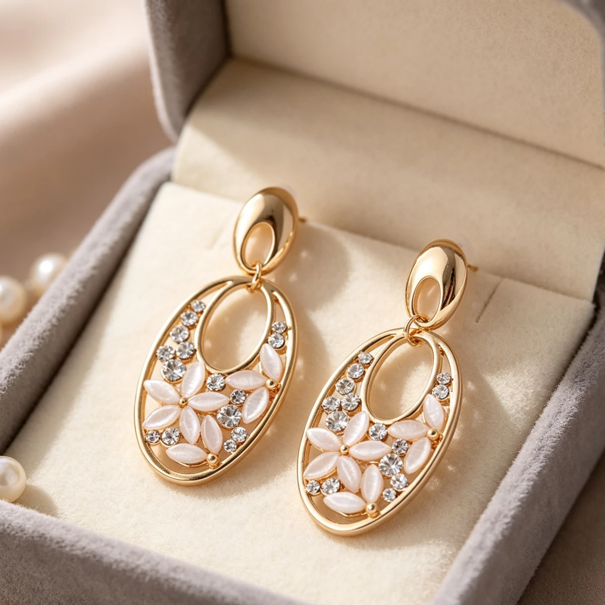 Oval Five Leaf Stud Earrings Cat Eye Hollow Flower Design Fashion Elegant Jewelry Gift for Women
