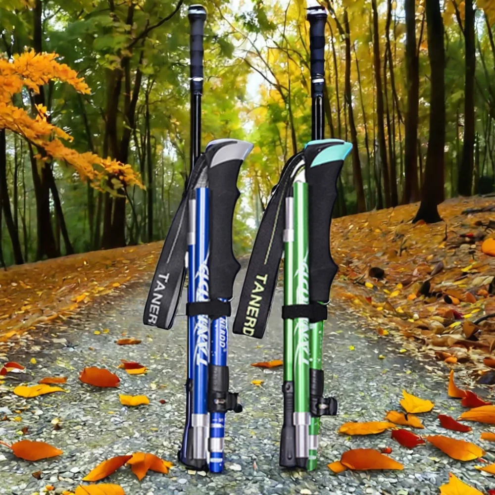 Portable 5-Section Outdoor Aluminum Walking Stick Men Women Nordic Folding Trekking Pole Travel Climbing Skiing Hiking Tungsten