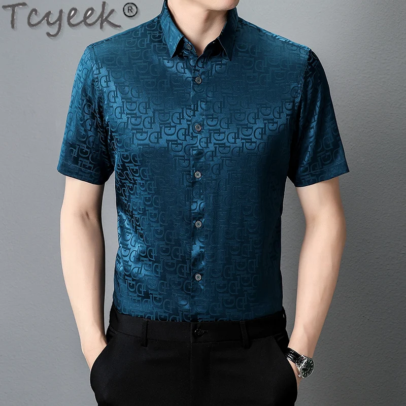 

Tcyeek 92% Mulberry Silk Shirt Men Summer Clothes Printing Thin Style Mens Shirts Business Casual Short Sleeve Top 2024 Camisa