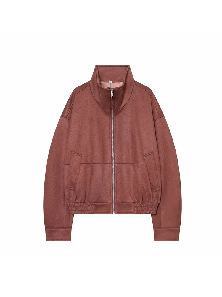 Women Short Woolen Coat Women High Neck Double Breasted Waist Belt Long Sleeve Autumn Winter Warm Lady Outerwear