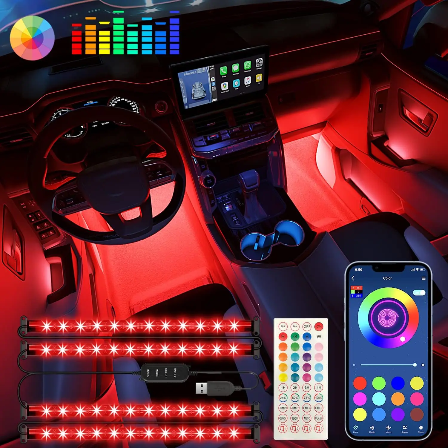 Imagem -02 - Neon Led Car Interior Luzes Ambiente pé sem Fio Remoto Música Controle de Aplicativos Auto Atmosfera Rgb Lâmpadas Decorativas