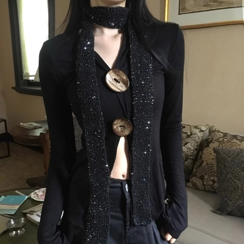 Sparkling Sequins Scarf for Female 2000s Long Neck Scarf Spring Autumn Narrow Knitted Thin Scarf Harajuku Neck Wrap