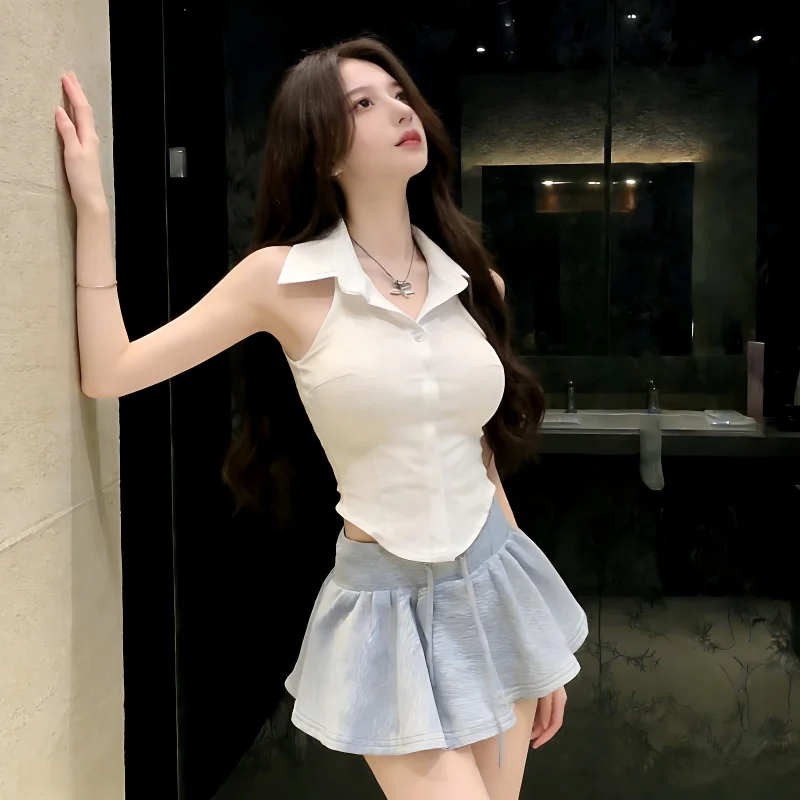Sexy Spicy Girl Single Button Shoulder Bared Neck Collar Vest Women's Spring New Style Pure Desire Slim Fit Outdoor Short Top