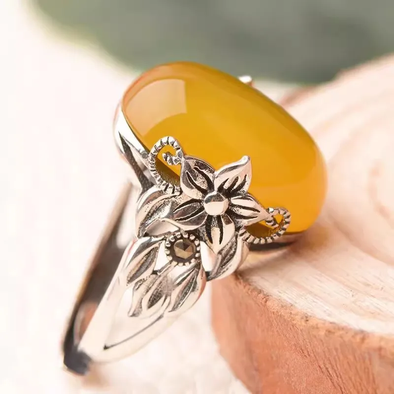 Artistic retro style silver 925 flowers inlaid natural chalcedony yellow oval rings for women High quality adjustable jewelry