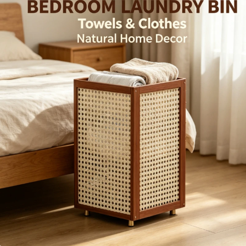 Wooden Frame Umbrella Stand With Rattan Weaving Panel And Open Top For Entryway Hallway Decoration