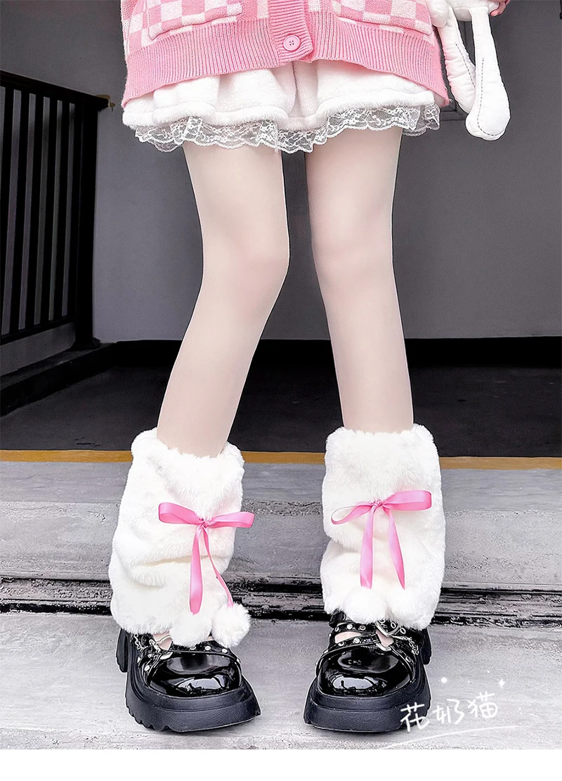 Japanese Style Original Cute Red Bowknot with Pom-Pom Leg Warmers for Women Autumn Winter Thickened Lolita Fuzzy Sock Covers