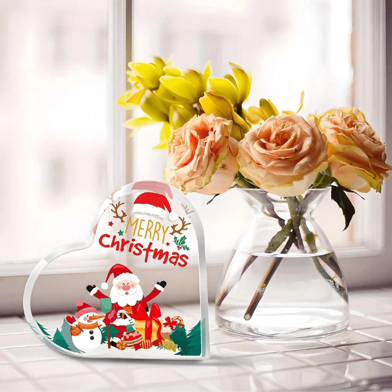 Merry Christmas Heart‑Shaped Acrylic Plaque, Santa Snowman Gift Box Table Decor,Cute Cartoon Xmas Heart Acrylic Sign, Reindeer Antler Holly Desktop Ornament