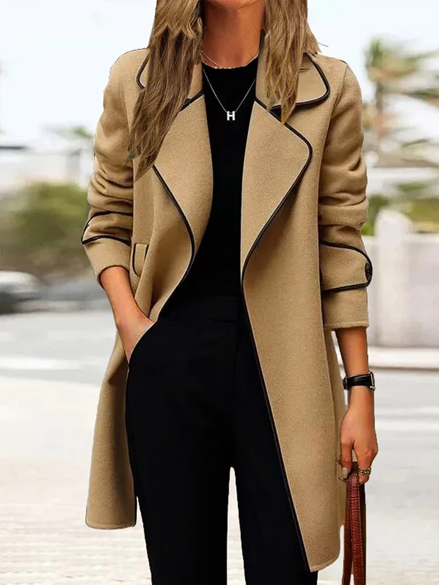 Hot Sale Elegant Solid Wool Blend Coat Autumn Winter Long Sleeve Contrast Lapel Casual Office Lady Trench Coat Fashion Outfits