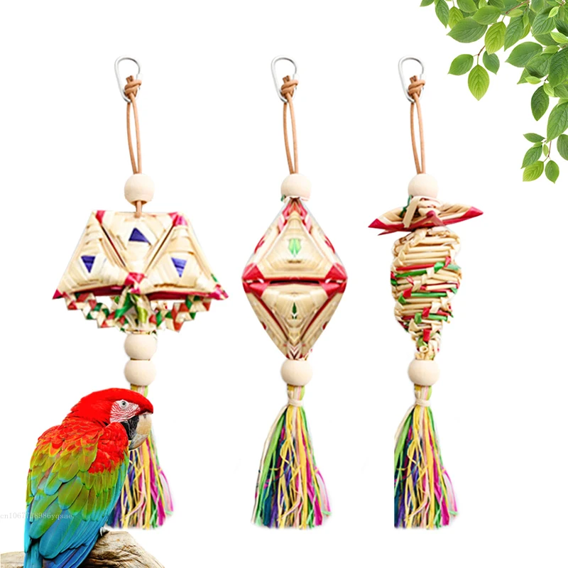 1 Pcs Pet Parrot Bird Chew Toys Handmade Natural Straw  Chewing Bite Hanging Cage Bell Swing Climb Playing Pendant