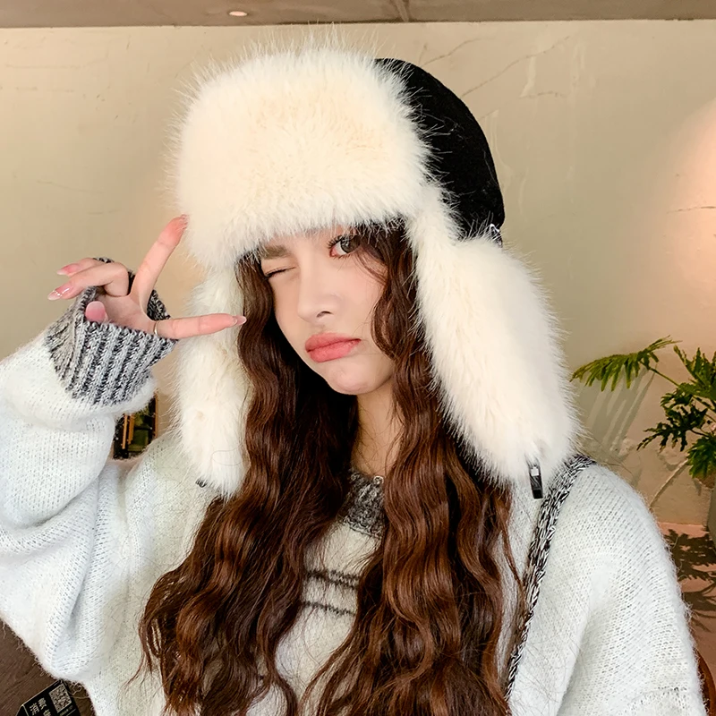 Women\'s Fur Bomber Hats Winter Thick Warm Outdoor Keep Ear Warm Earflap Female Solid Bombers Cap