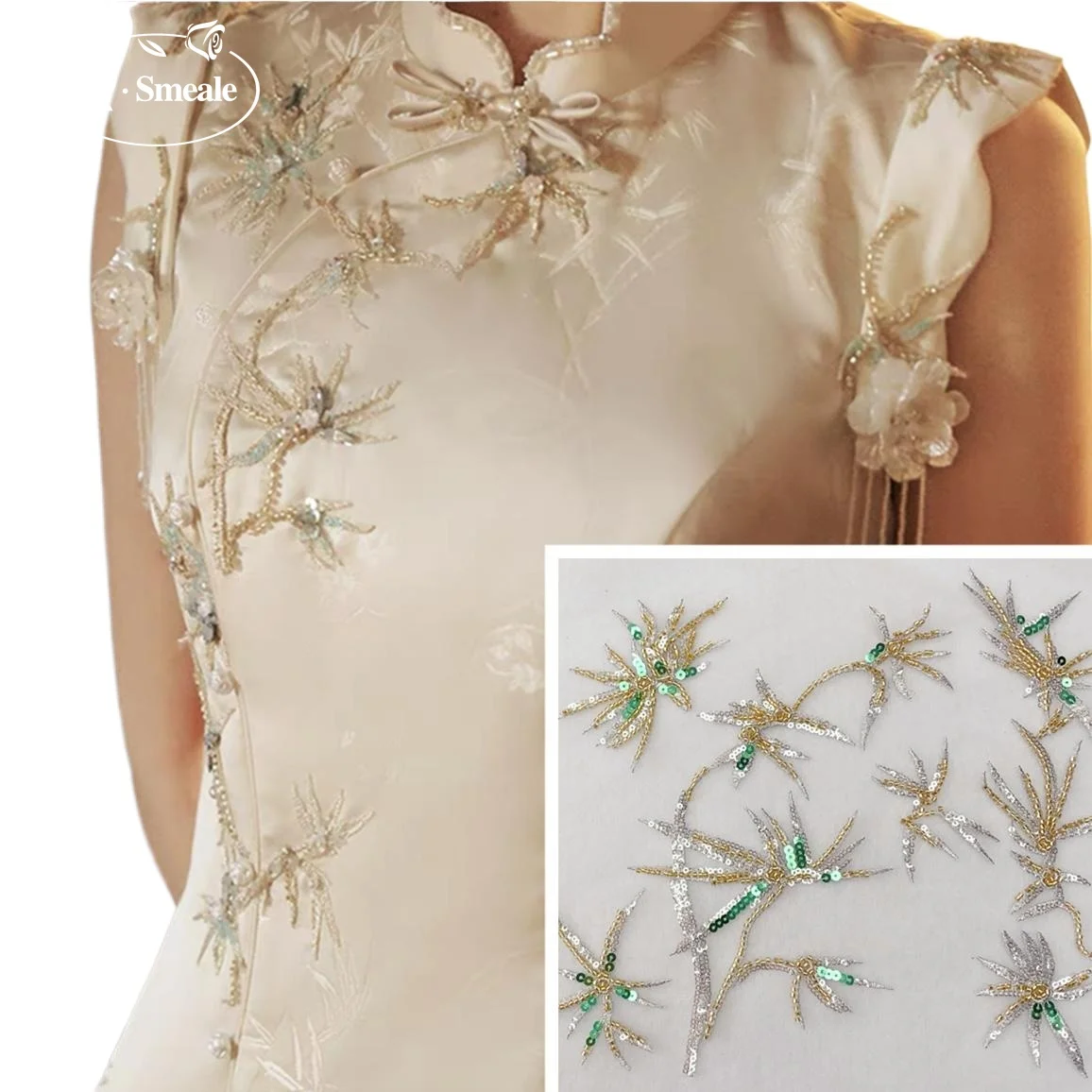 1PCS. Abendkleid Lose Blume Silber Grün Pailletten Gold Perle Spitze Handgemachte DIY Zubehör. Aufnäher für Kleidung