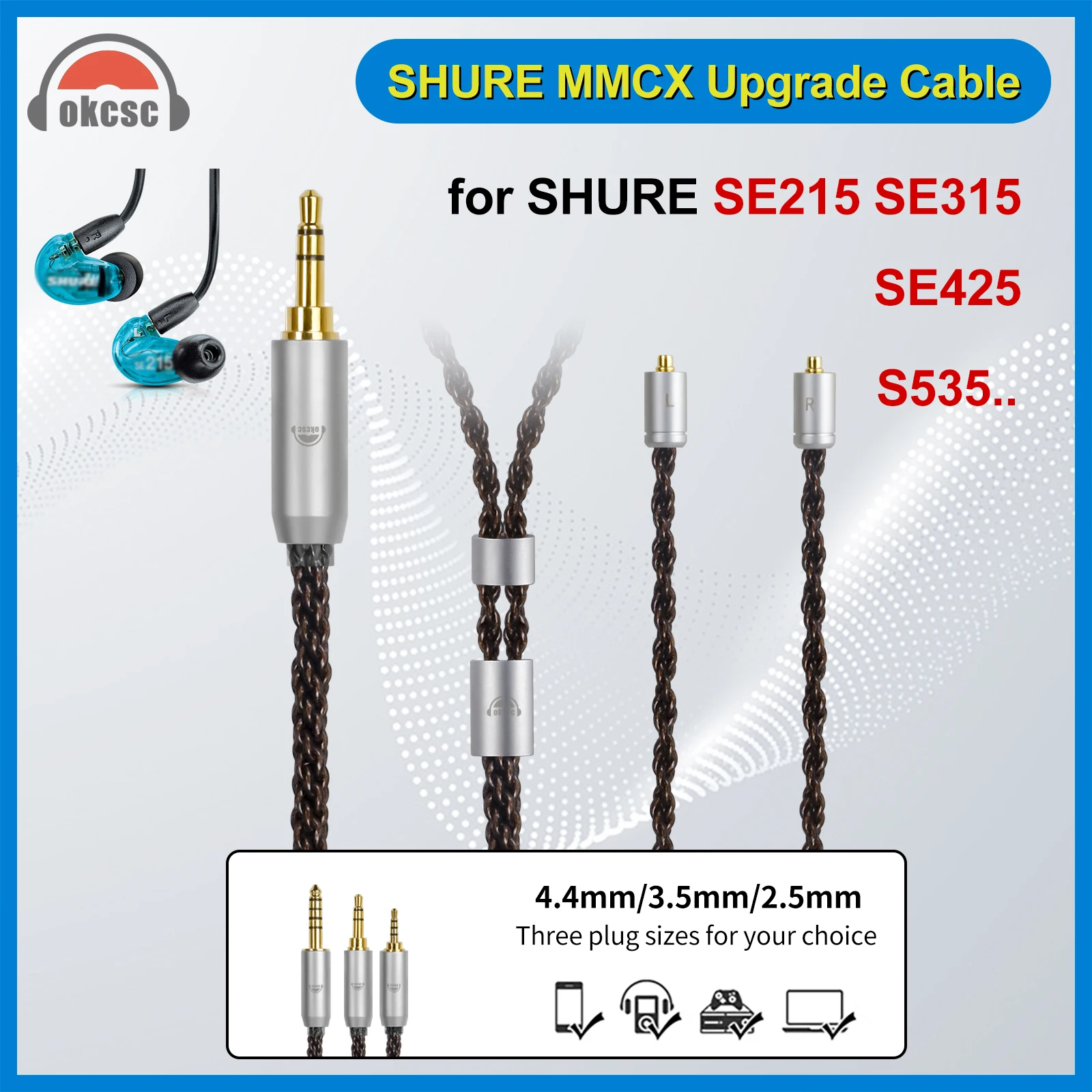 

OKCSC ZT8 MMCX Jack Headphone Replacement Cable 8 Core Braided Silver Plated Cable for ANEW X-One/U1 Shure TAPE/S10/H27