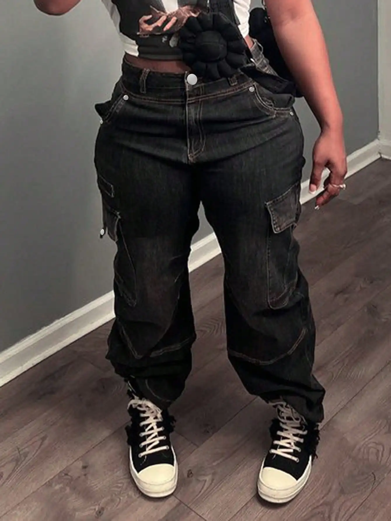 WGXWGX Women's Loose Fit Baggy Cargo Jeans Y2K Streetwear Vintage Black Cotton Denim Multi-Pocket Design Trendy Casual Pants