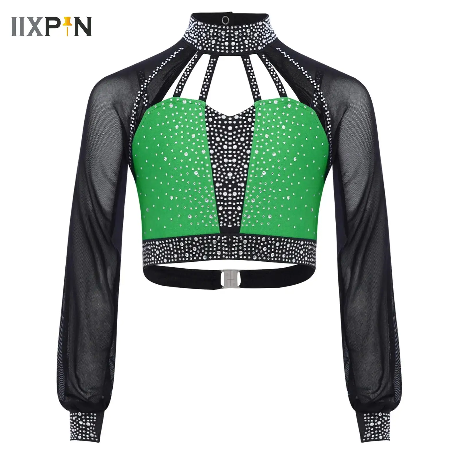 

Kids Girls Dance Crop Tops Lyrical Modern Dance Figure Skating Costume Shiny Rhinestones Mesh Top Stage Performance Dancewear