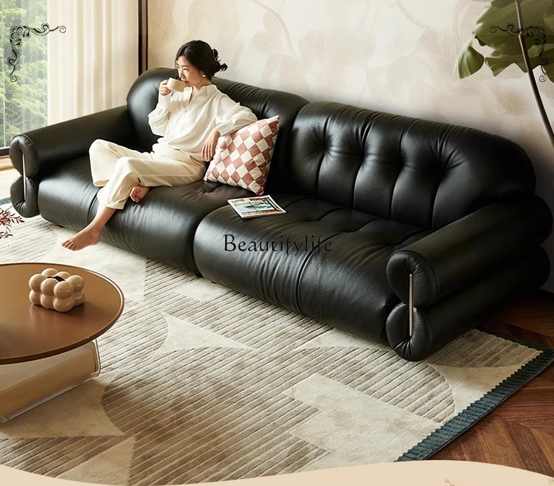 

*Brown sugar clouds straight top leather sofa black leather light luxury sofa