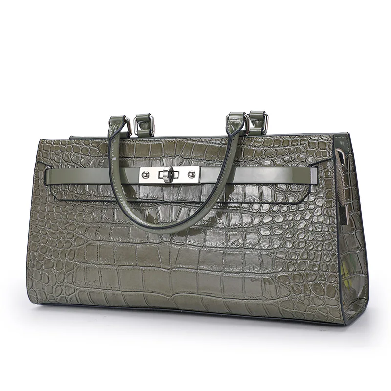 Aidrani  Trendy crocodile patterned women\'s large capacity handbag, made of cowhide material, with a gray square bag